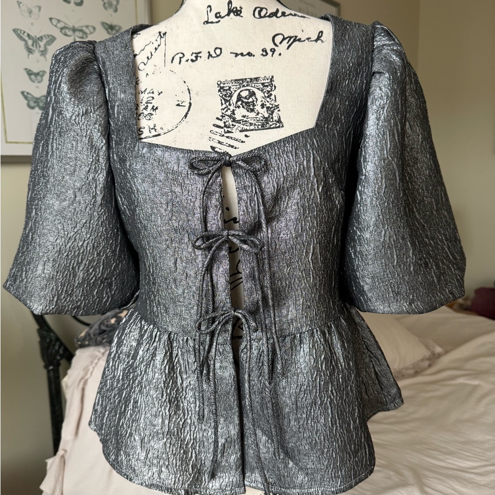 H&M Metallic Silver Blouse with Tie Front